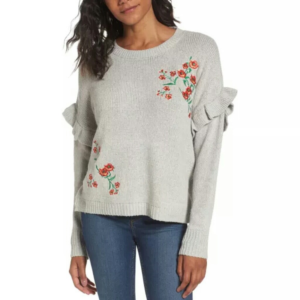 NEW Embroidered gray sweater ruffle top size L